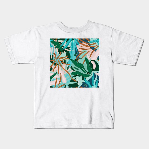 Abstract Tropical Jungle / Turquoise, Green, Sand and Light pink Kids T-Shirt by matise